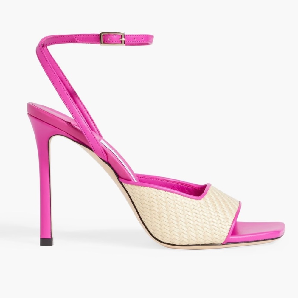 Jimmy Choo Zula 100 Magenta and Tan Leather Trimmed Raffia Heeled Sandals